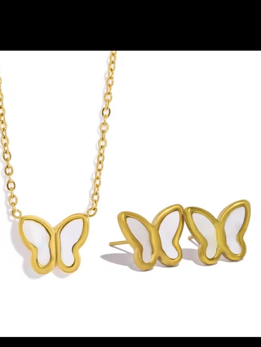 Gold Plated Mother of Pearl Butterfly Necklace And Earrings  Stainless Steel